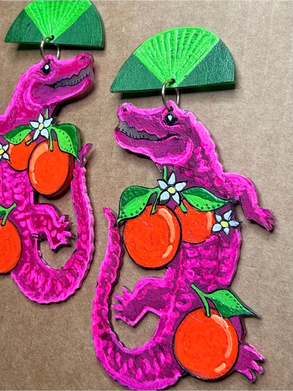 Go Gator Pink Gator Alligator Reptile Earrings with Florida Orange Fruit Accents - Picture 2 of 4